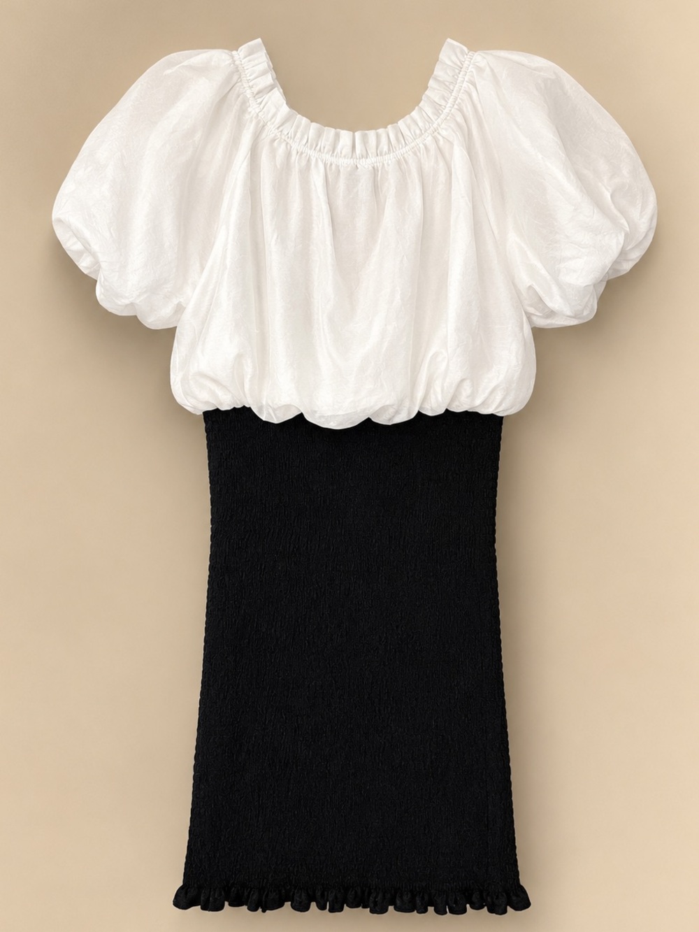 NWOT ONLY Black & White Smocked Puff Sleeve Bodycon Statement Dress - Size L